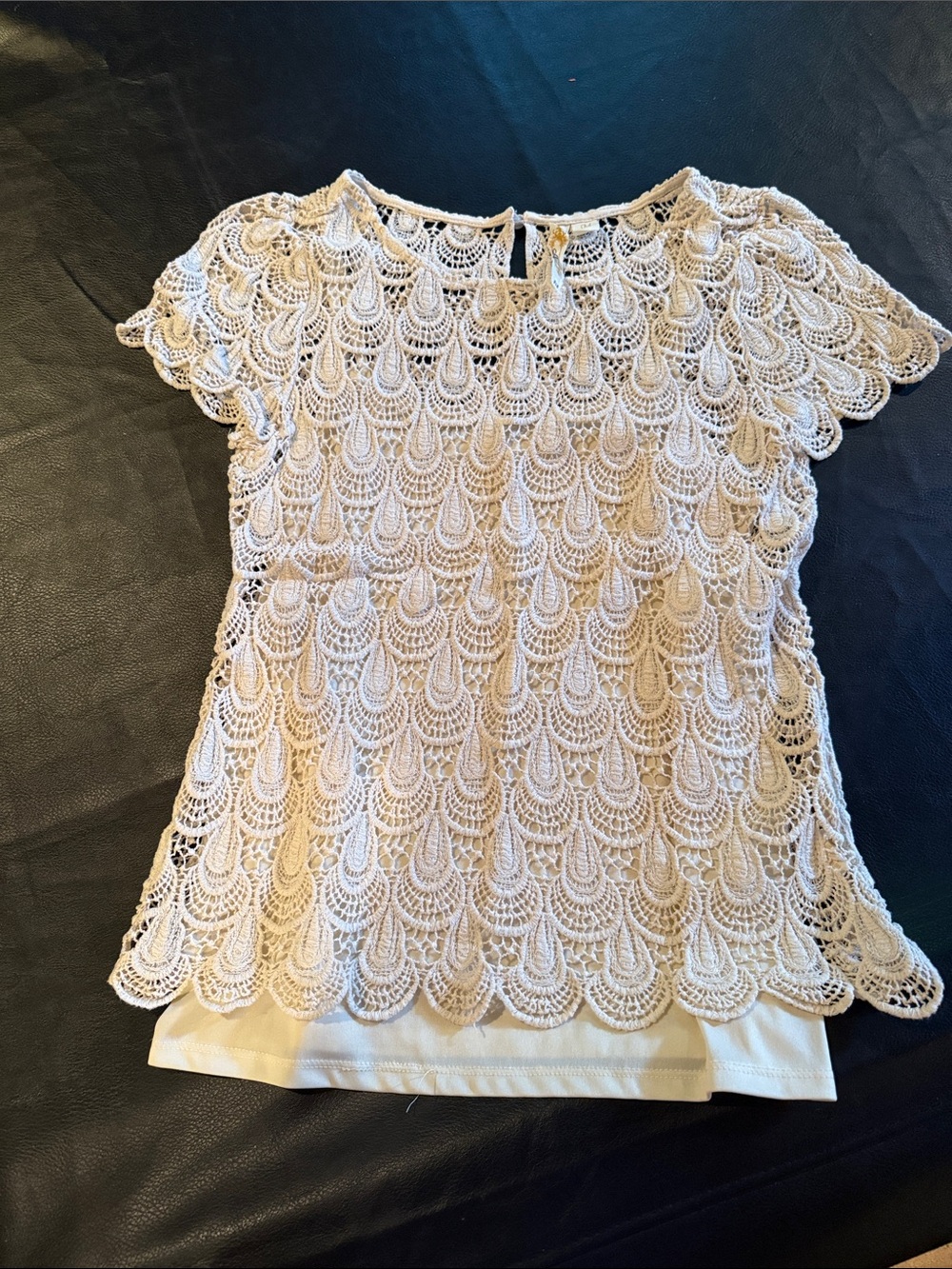 Adiva Cream Crocheted Overlay Short Sleeve Blouse